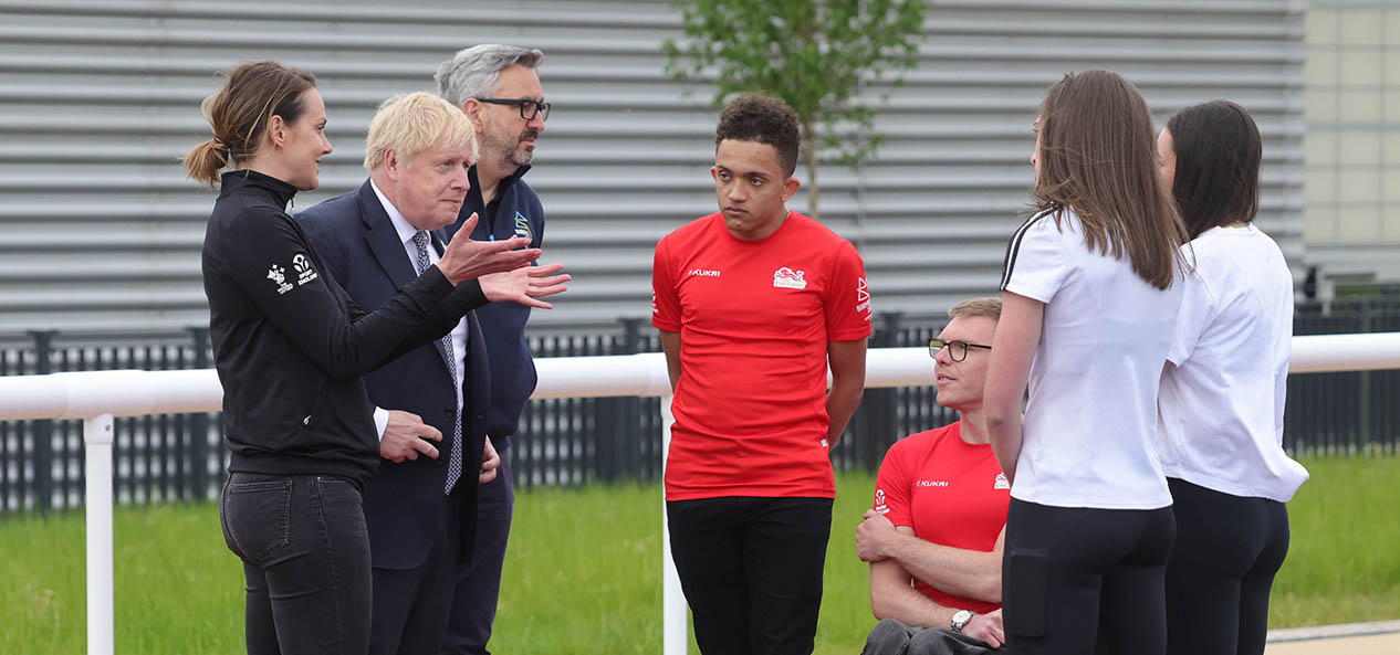 Former heptathlete Kelly Sotherton, Prime Minister Boris Johnson and Sport England Chief Executive speak to young athletes at the Alexander Stadium, at an occasion to mark Sport England's £6.5m investment into national governing bodies of sport ahead of the Birmingham 2022 Commonwealth Games