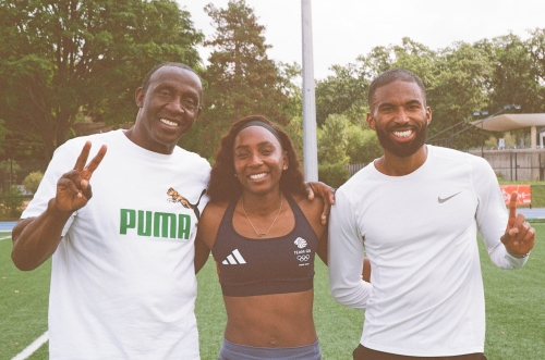 Bianca Williams (centre) with British sprint legend and coach Linford Christie (left) and training partner Muhammad Abdallah Kounta.