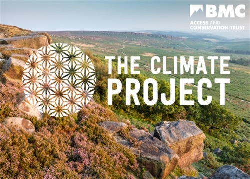 Moorland overlaid with the logo of The Climate Project, featuring an illustration of sphagnum moss, and the BMC logo