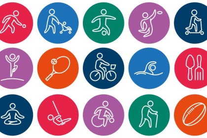 The cover image of the Active Design 3 doc, with circles featuring pictograms of various sports and activities.