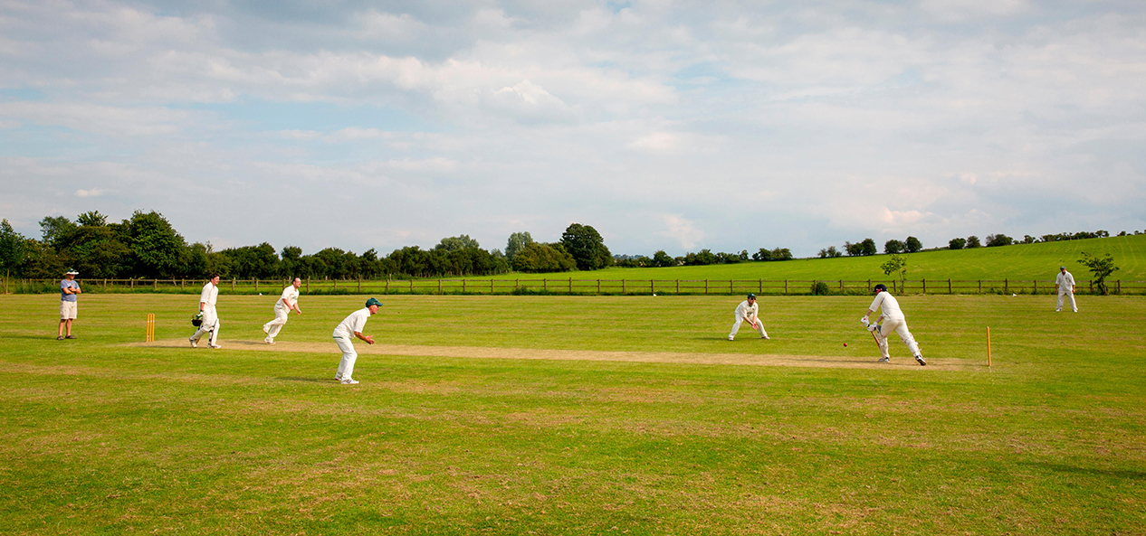 A game of cricket is played on a community playing field