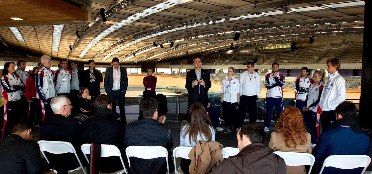 Tim Hollingsworth welcomes the London 2012 ParalympicsGB cycling team to the London 2012 Olympic and Paralympic velodrome.