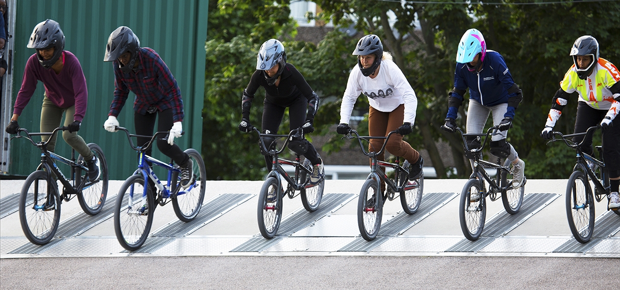 The start of a women's BMX race