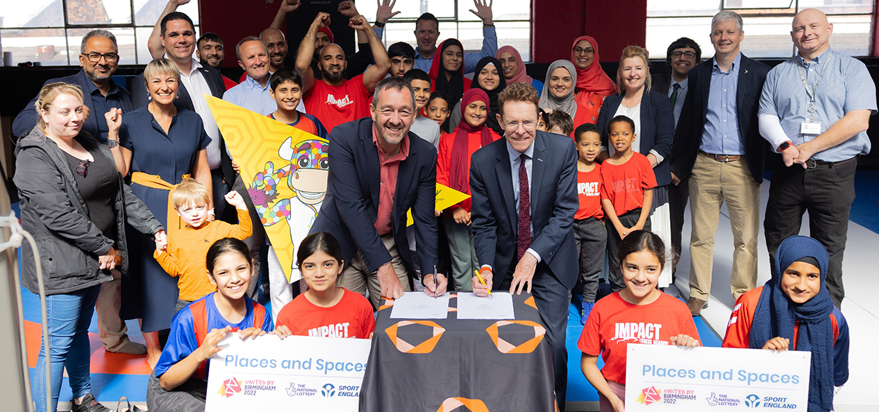 Sport England chair, Chris Boardman, and Mayor of Birmingham Andy Street ceremonially sign the MoU between the WMCA and Sport England, in front of local dignitaries, as well as coaches and participants from Impact Fitness, in Birmingham.