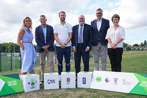 Tim Hollingsworth and Gareth Southgate with representatives from the ECB, RFU and RFL as the Football Foundation launch PitchPower