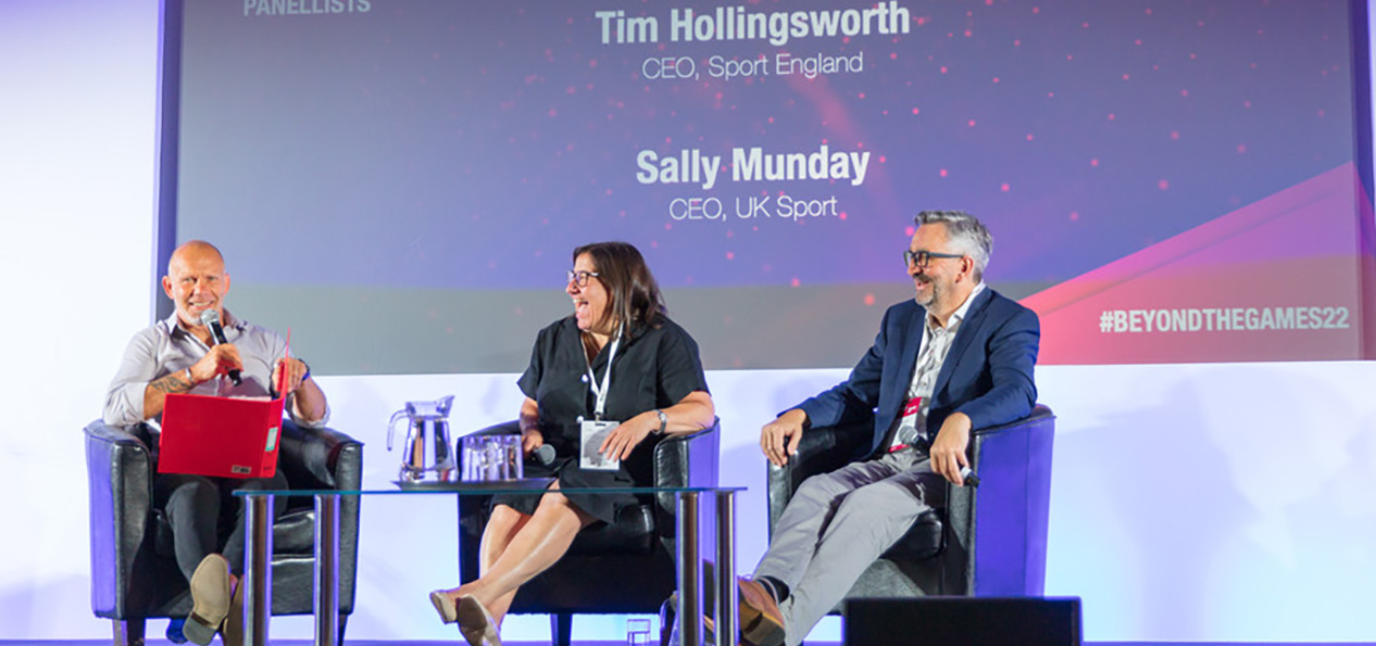 Tim Hollingsworth and Sally Munday on stage at the Beyond the Games conference 2022