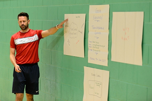 A man instructing a class, standing in front of a wall and pointing at sheets of paper on the wall.