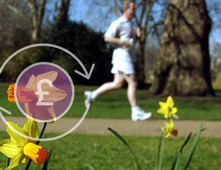 A man running in a park, with a graphical overlay of a pound sign on top