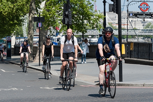Cyclists ride in a line through a city.