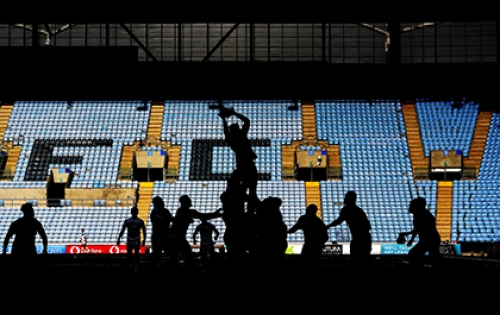 Empty stands at a Premiership Rugby game