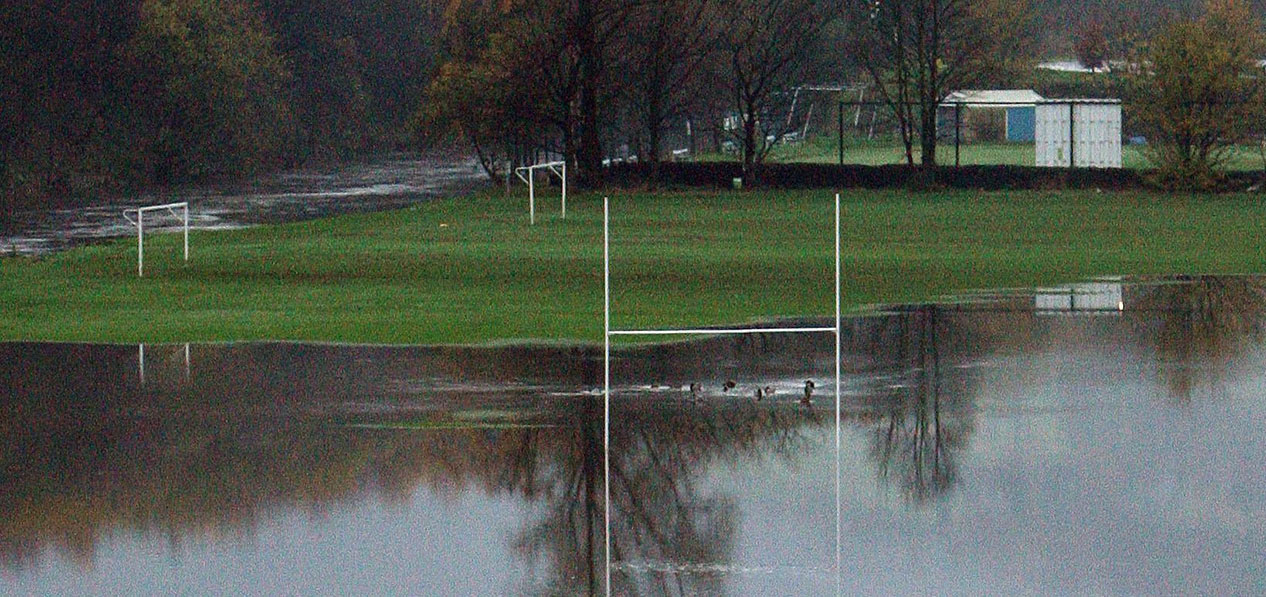 A flooded playing field.