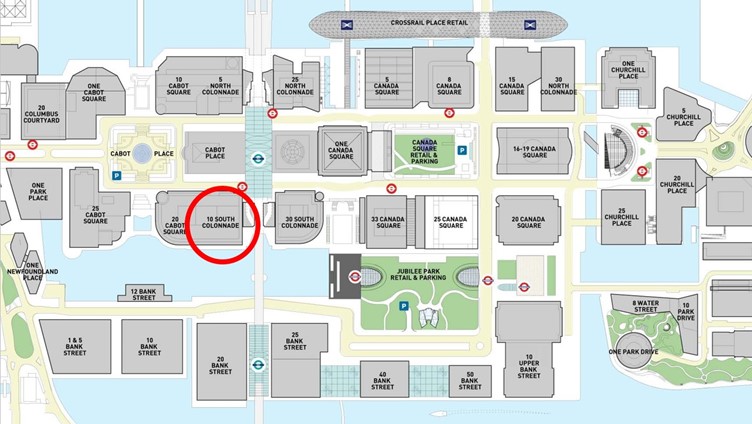 Map of Canary Wharf, with 10 South Colonnade circled.