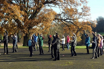 A group of people exercising on a park playground