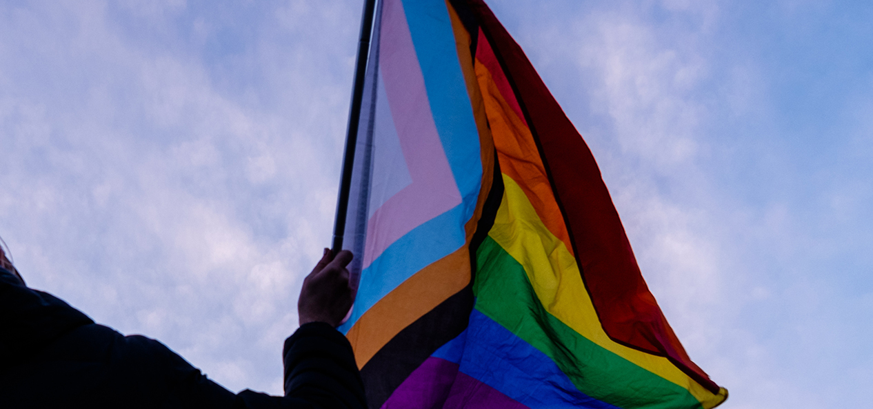 A person waves the progress pride flag