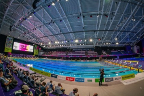 A fish-eye lens view of a crowd and swimming pool at the Sandwell Aquatics Centre during the 2022 Commonwealth Games in Birmingham.