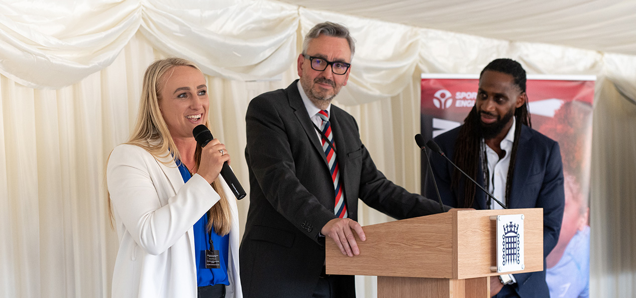 Jodie Cunningham, Tim Hollingsworth and Born Barikor at a Sport England Parliamentary Reception