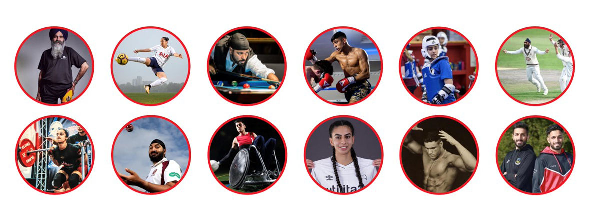 A series of images depicting sports and personalities of the Sikh community