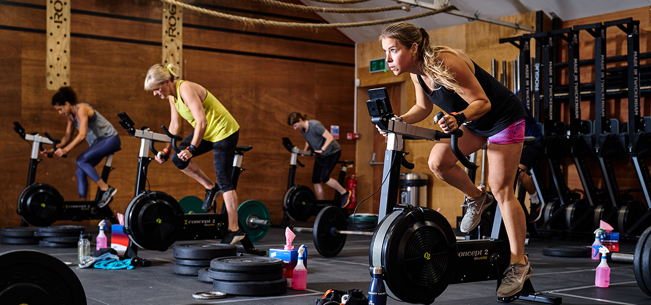 Women work out at a gym
