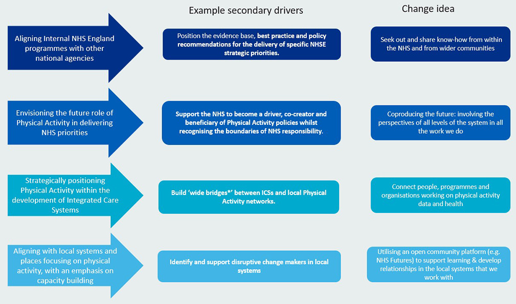 Driver diagram showcasing examples of large-scale and smaller variations needed to create change in a system.  