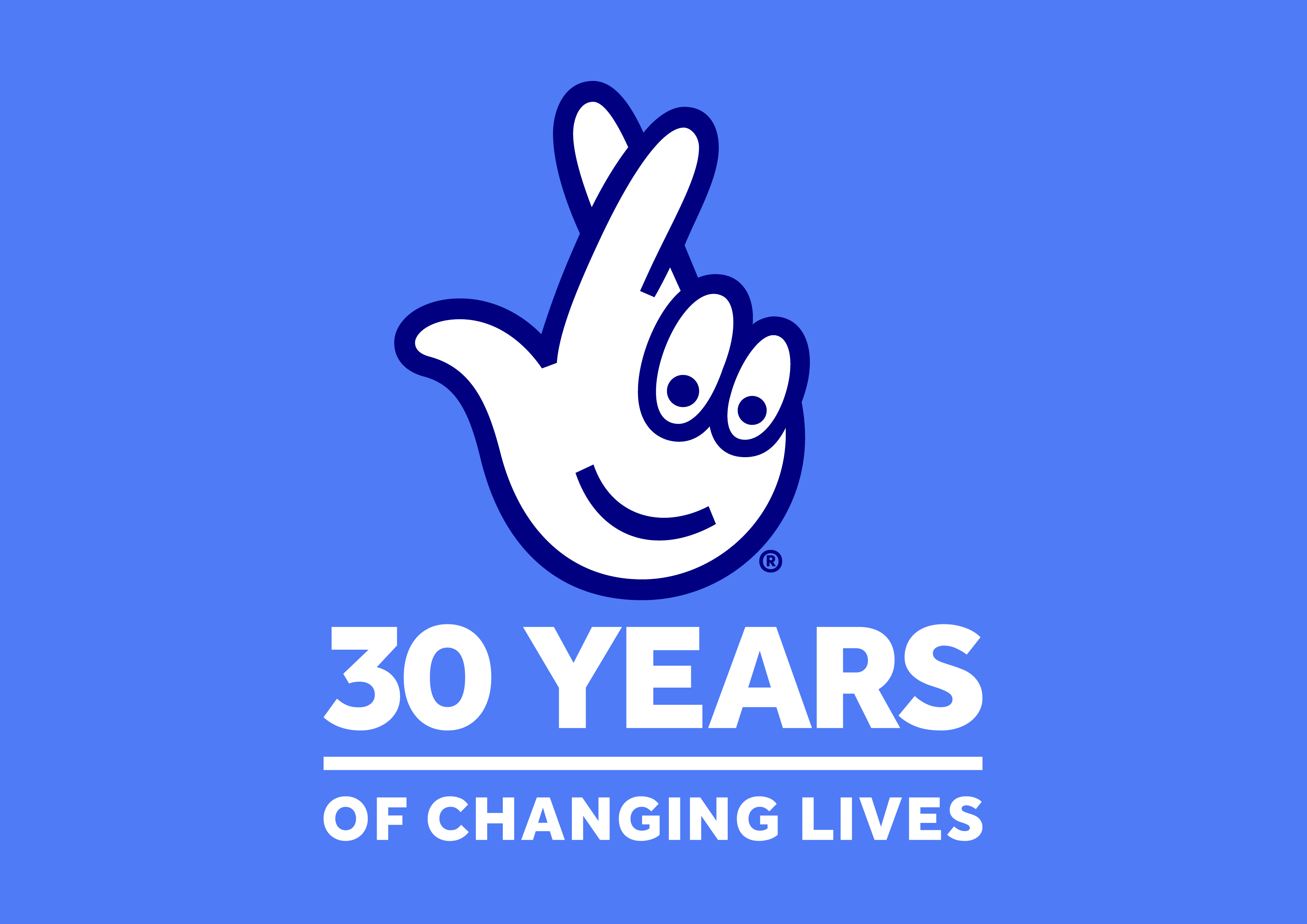 The National Lottery logo - a hand with crossed fingers - above the writing "30 years of changing lives".