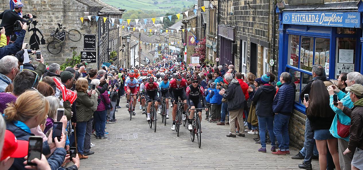 Cyclists being cheered on at the Tour de Yorkshire.