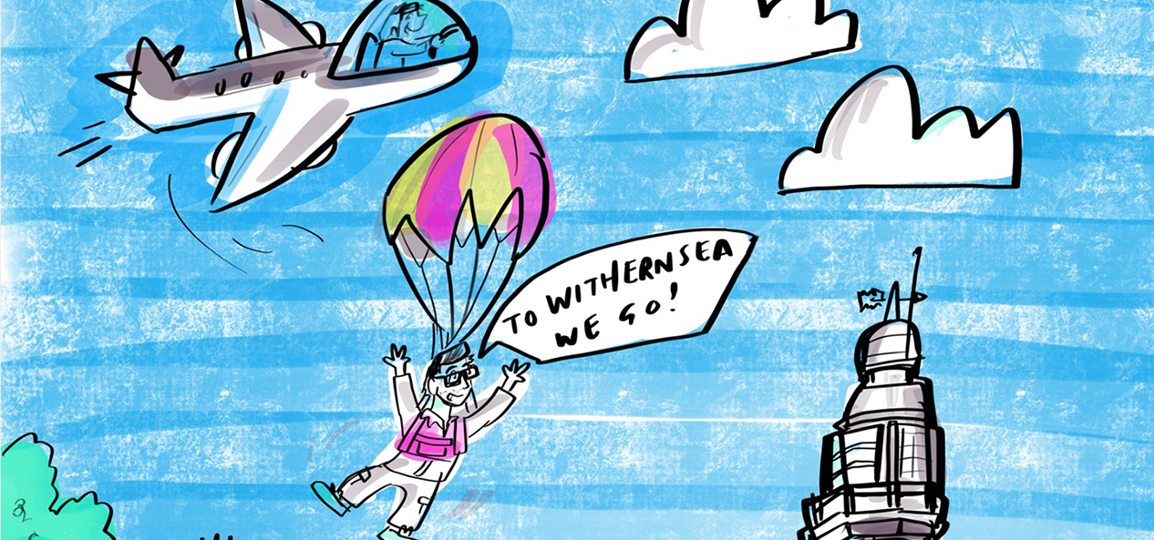 A cartoon illustration of Tim Hollingsworth 'parachuting' into Withernsea for his virtual visit.