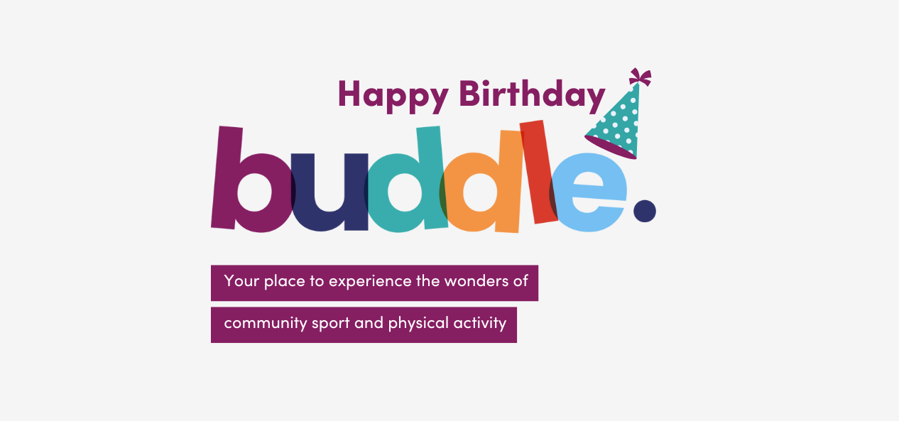 The image shows the buddle logo but with the message Happy Birthday right on top of the word buddle. Each letter of the word 'buddle' has a different colour in the following order: burgundy, navy blue, green, mustard, red and light blue. On top of the light blue 'e' there's a birthday hat and after the letter there's a dot in black. There's white copy over a burgundy background under it and it says: "Your place to experience the wonders of community sport and physical activity". 