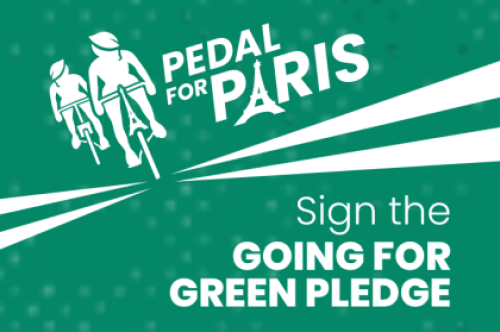 Pedal for Paris logo, featuring an illustration of two cyclists wearing helmets shaped like leaves and bikes whose stems are the Arc de Triomphe and Eiffel Tower. Text says 'Sign the Going for Green Pledge'