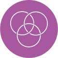 A purple circle with three interlocking white circles inside it