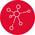 A red circle with an illustration of an interconnected network inside it