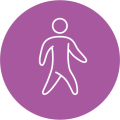 A pictogram of a person walking, inside a purple circle