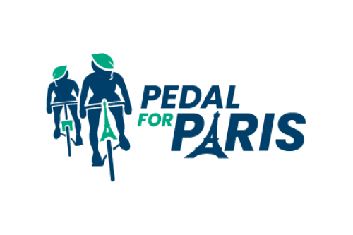 Pedal for Paris logo, featuring an illustration of two cyclists wearing helmets shaped like leaves and bikes whose stems are the Arc de Triomphe and Eiffel Tower